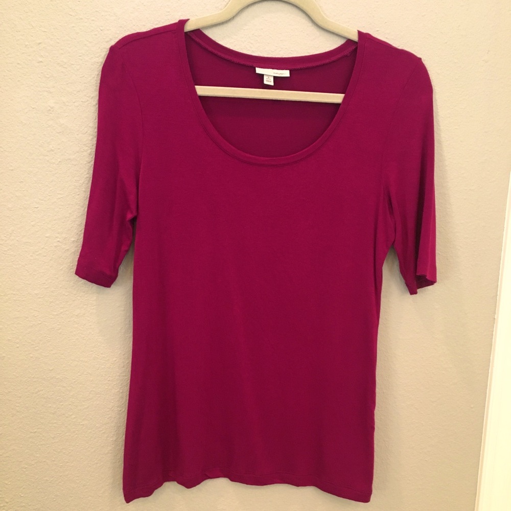 Halogen Scoop Neck Top with Elbow Sleeve-Magenta